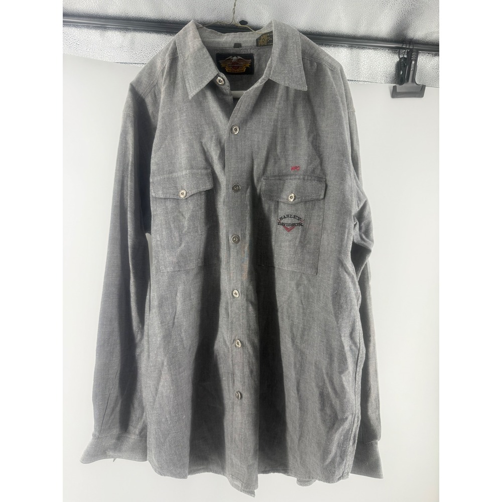 Harley Davidson Mens XL Grey Cotton Long Sleeve Button Down Work Shirt WFO Logo